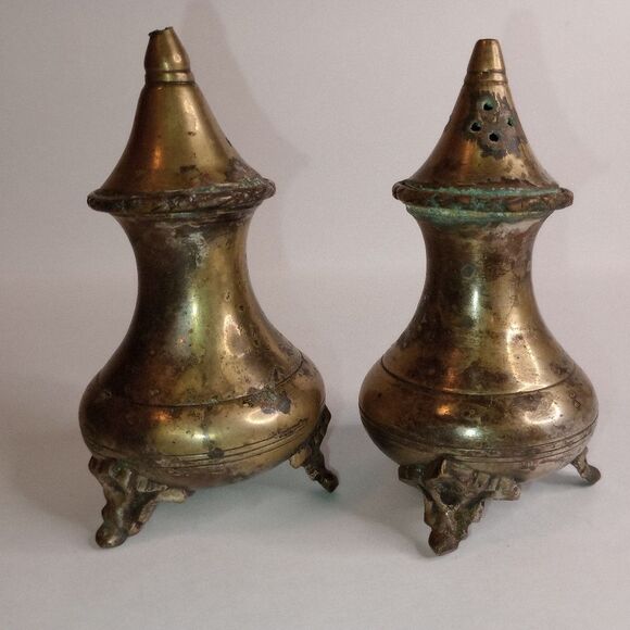 Vintage Brass Urn Shaped Salt and Pepper Shakers Ribbed Design on Three Feet - Picture 2 of 5